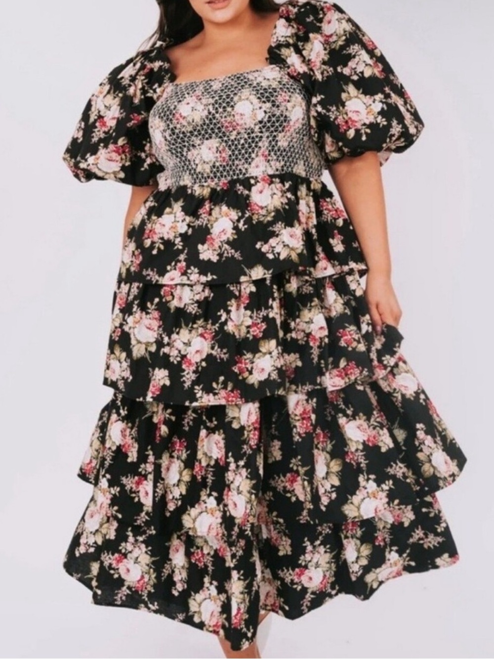 Plus Size Black Floral Tiered Maxi Dress with Puff Sleeves
